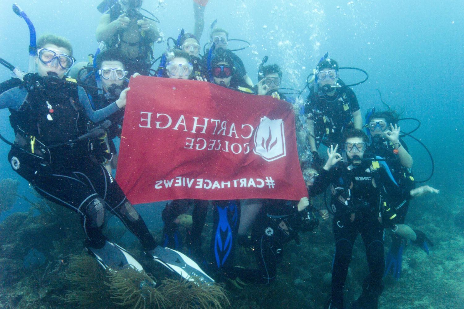 学生们手持<a href='http://b412q.666777777.com'>博彩网址大全</a>旗帜，在j学期洪都拉斯游学之旅中潜水.
